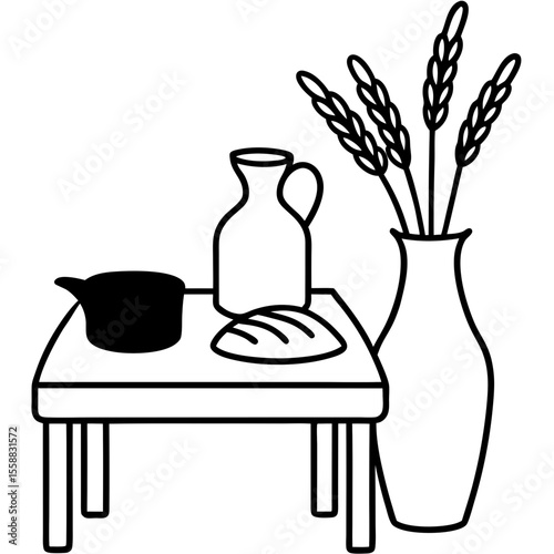 A wooden table set with handmade pottery, bread, and dried flowers in a vase. Morning sunlight adds warmth.  presence.