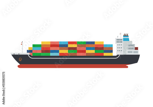 Container ship laden with cargo boxes side view against a white backdrop