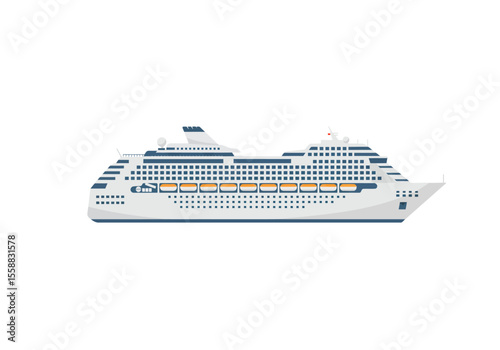Cruise ship large passenger vessel white hull multidecked with orange lifeboats