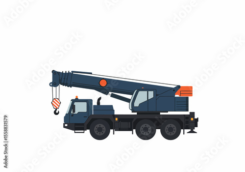 Crane truck is shown it has a boom hook and is navy