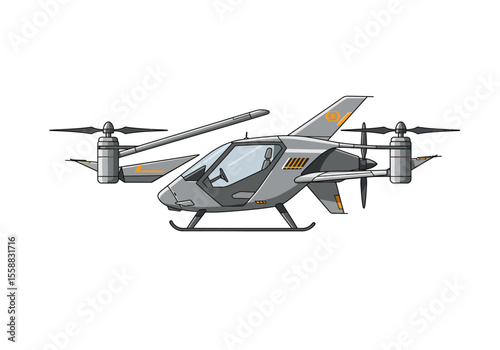 Gray futuristic aircraft featuring propellers wings and cockpit rendered in pixel art