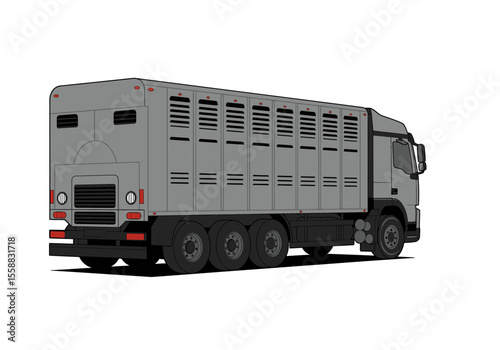 Gray livestock truck features slatted sides  3 rear axles set on a white backdrop