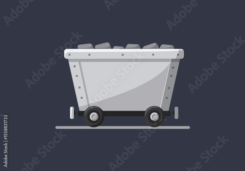 Gray mine cart filled with black lumps sits on a gray track against a bluegray background