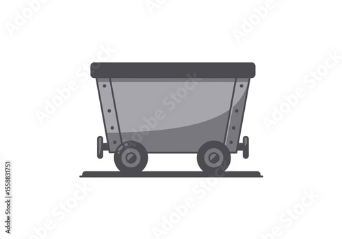 Gray minecart with wheels on a track flat simplified design neutral background