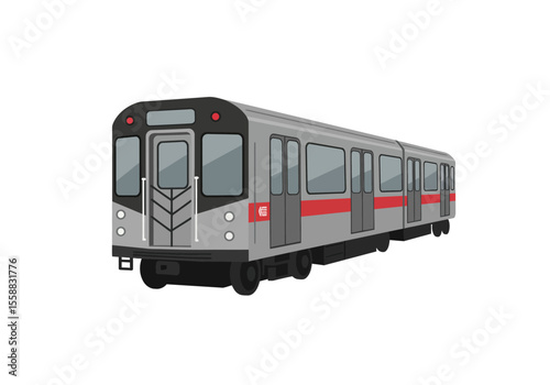 Gray subway train with red stripe front and side perspective