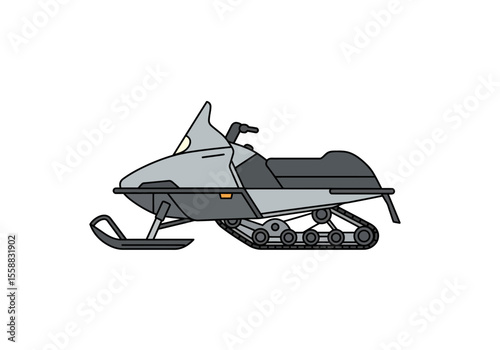 Grey snowmobile with black details featuring a frontmounted ski and rear track