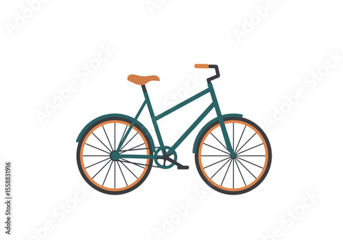 Illustration of a bicycle with teal frame brown seat and wheels on a white background