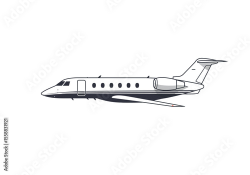 Jet plane in side profile shows pointed nose cockpit fuselage wings engine pods and tail assembly set on a white background