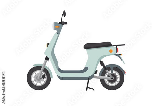 Lightblue electric scooter with black seat and tires featuring a kickstand handlebars and lights