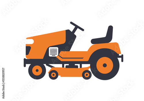 Orange riding lawn mower facing right with black tires and seat isolated on a white background