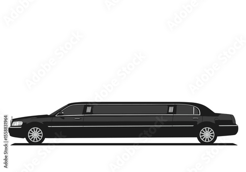 Long black limousine car side view with whiterimmed wheels