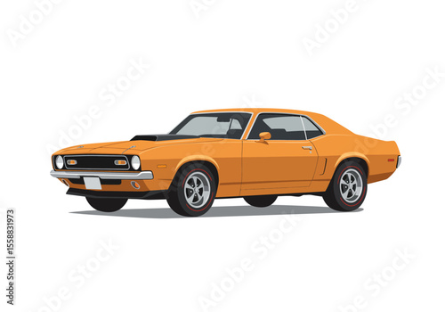 Orange vintage muscle car with black hood scoop