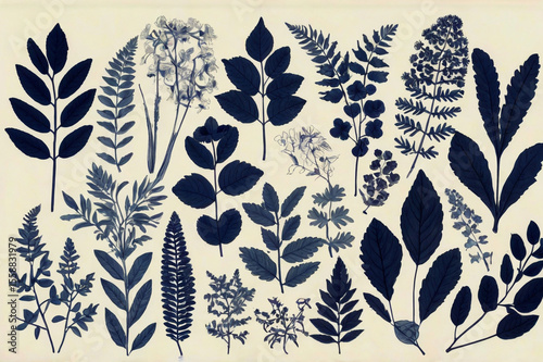 Botanical Illustrations Dark Blue Leaves and Flowers image