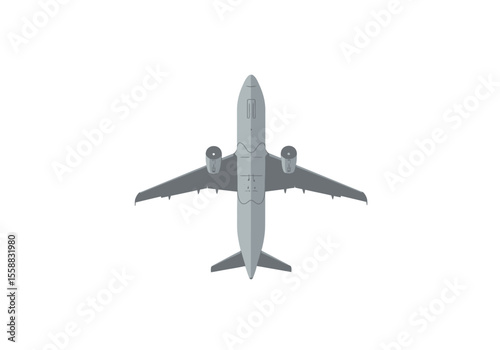 Overhead view of a gray passenger airplane with two engines on a white background