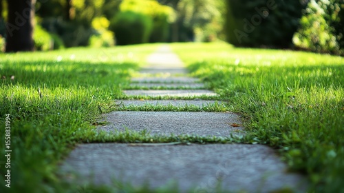 Lush Pathway Through Vibrant Green Lawn in Serene Landscape Setting