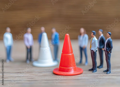 Miniature figures stand before traffic cones, symbolizing obstacles or roadblocks in business or life.