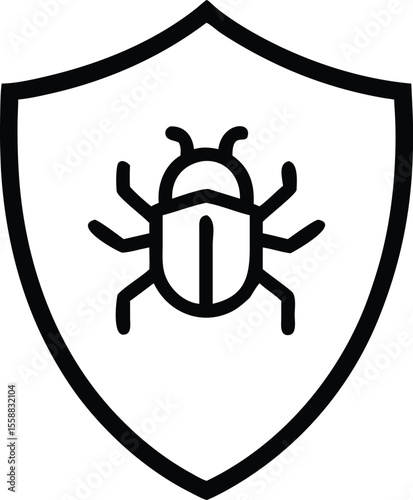 Bug on shield icon representing cybersecurity in teal outline.