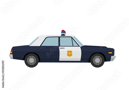 Side view of a blue and white police car with a red and blue light on top