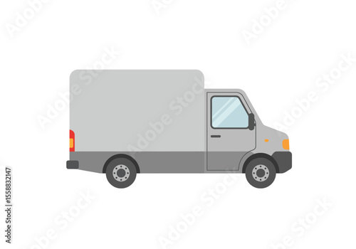 Sideview vector of a grey delivery truck with simple cartoonlike styling on a white background