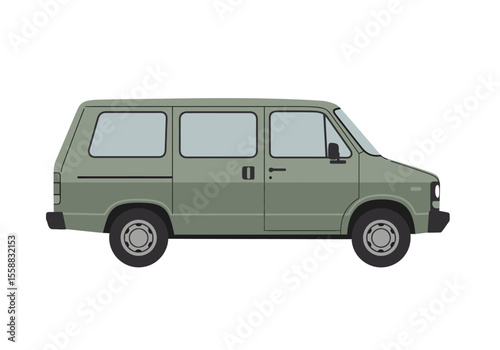Side view of a green passenger van with tinted windows and black trim against a white background
