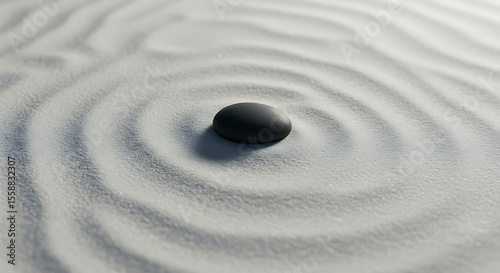 Smooth Dark Stone Centered in Zen Garden Sand Ripples.