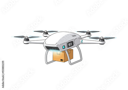 White delivery drone with a cardboard box being transported