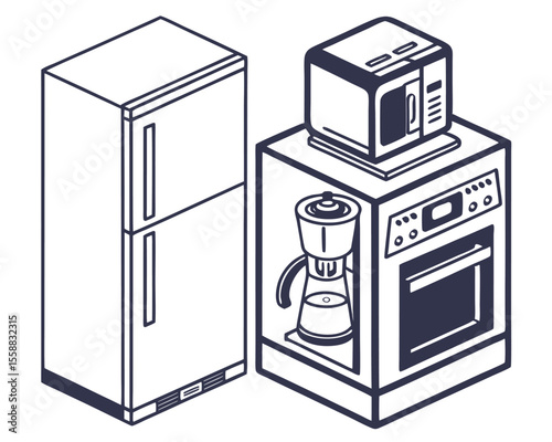 Vector art of kitchen appliances including a refrigerator, oven, and microwave isolated on white background