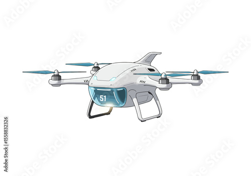 White drone with blue propellers  a 51 screen stands on legs