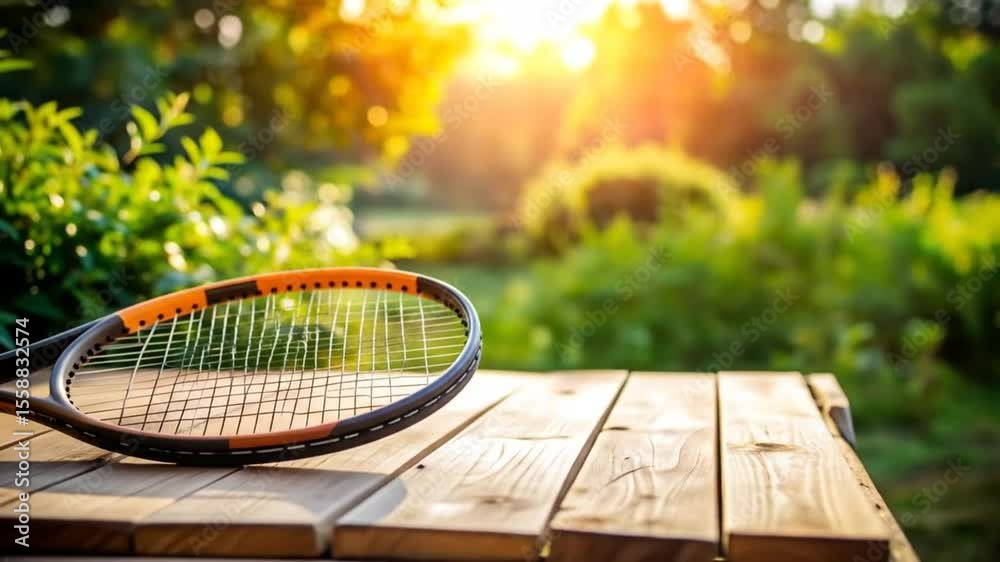 A tennis racket rests on a wooden picnic table outdoors in a sunlit garden