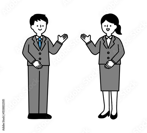 笑顔で話すビジネスパーソンのシンプルな全身イラスト素材
