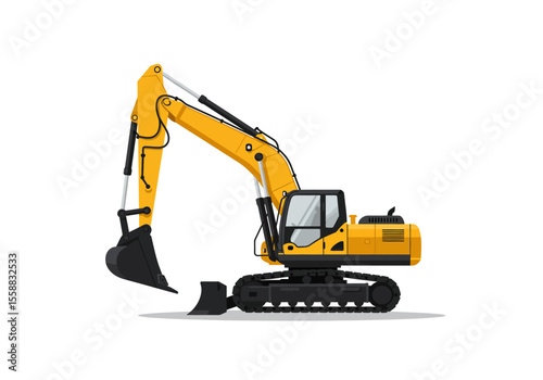 Yellow excavator with a black bucket and tracks is on a white background