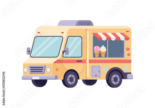 Yellow ice cream truck with awning and two ice cream cones in the window