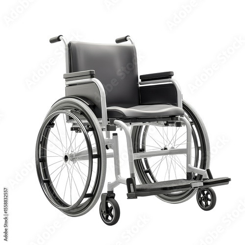 Modern manual wheelchair with black seat and large rear wheels isolated on Transparent Background