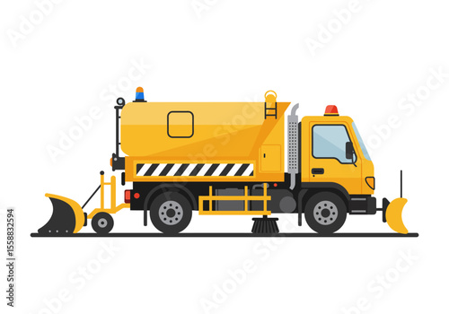 Yellow street sweeper truck with snow plow side view