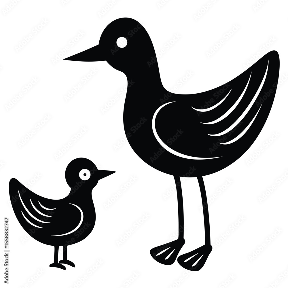 Fototapeta premium A black silhouette of a mother duck and her duckling standing together on a white background