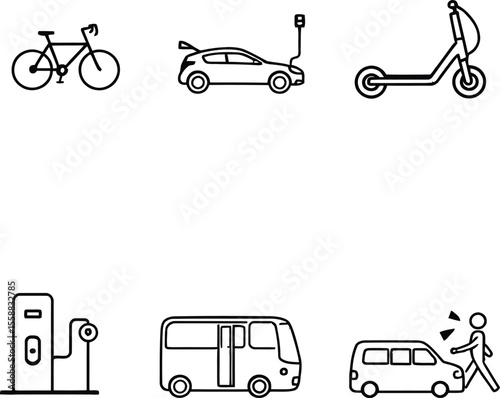 Sustainable Transportation Icon Set – Black and White Illustration Featuring Bicycle, Electric Car, Scooter, Bus, Van, and Charging Station for Eco Mobility and Transit Graphics