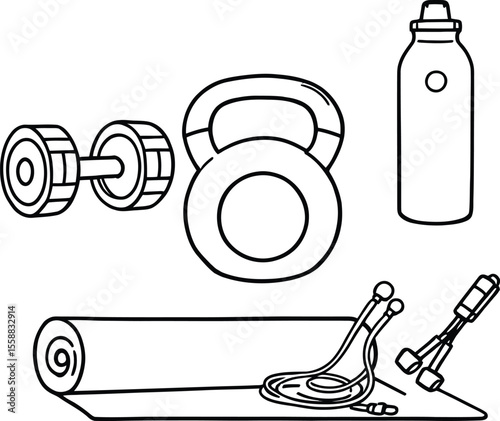 Fitness Equipment Icon Set – Black and White Illustration Featuring Dumbbells, Kettlebell, Yoga Mat, Water Bottle, and Jump Rope for Workout and Wellness Graphics