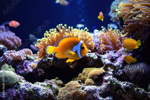 Vibrant Coral Reef Scene in a Saltwater Aquarium Tank Featuring Tropical Fish and Lush Marine Life