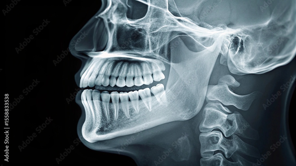 A clear lateral cephalometric X-ray of a human skull, showcasing the side profile of the jaw, teeth, and cervical spine. This diagnostic image is crucial for orthodontic planning, maxillofacial surger A clear lateral cephalometric X-ray of a human skull, showcasing the side profile of the jaw, teeth, and cervical spine. This diagnostic image is crucial for orthodontic planning, maxillofacial surger