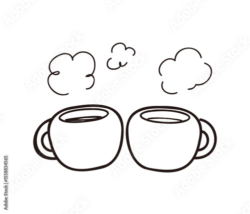 ホットドリンクのカップ2つセットイラスト／カフェや冬の温かい飲み物向け線画素材イラスト