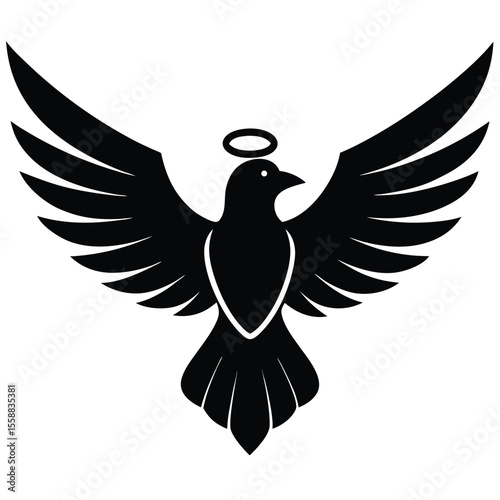 Stylized black silhouette of a dove with outstretched wings and a halo