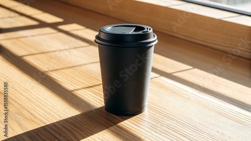 Close-up of a stylish unbranded black paper cup on a sunlit wooden surface, featuring geometric shadows creating visual interest. Perfect for showcasing coffee products, cozy cafes