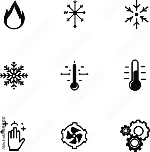 Temperature and Utility Icon Set – 9 Black-and-White Symbols Featuring Flame, Snowflakes, Thermometers, Fan, Gears, and Clean Hand for HVAC and Sanitation Graphics