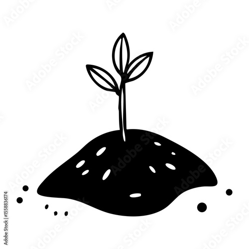 Bold hand-drawn black and white illustration of a young plant with leaves sprouting from a mound of soil, symbolizing growth