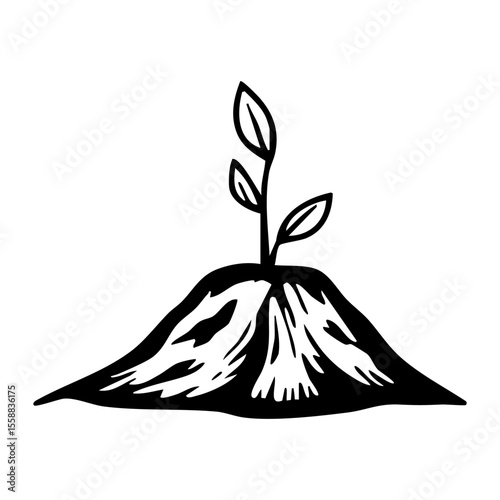 Hand-drawn black and white illustration of a young plant with leaves sprouting from a textured mound of soil, symbolizing growth