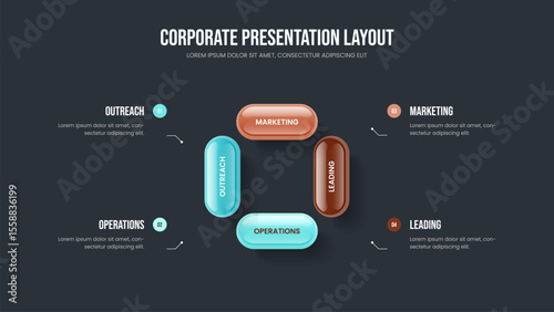 Consulting Profile 4 Step Diagram Slide Template. Enterprise Analysis Frame Design Vector Illustration. Digital Report Four Element Infographic Slideshow Layout.