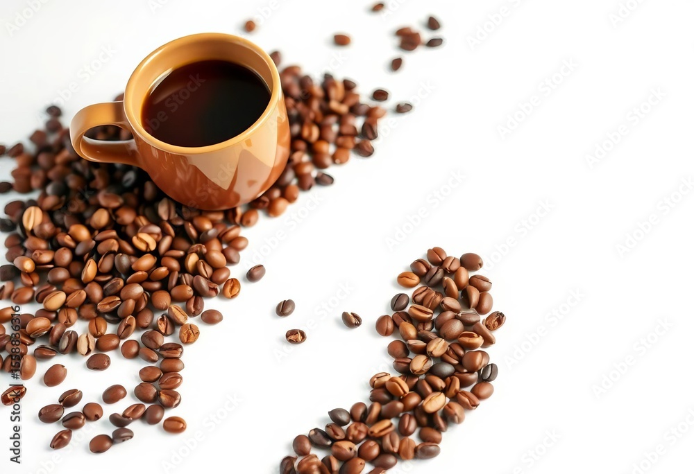 Naklejka premium Coffee bean trail leading to ceramic mug on white background, background, path
