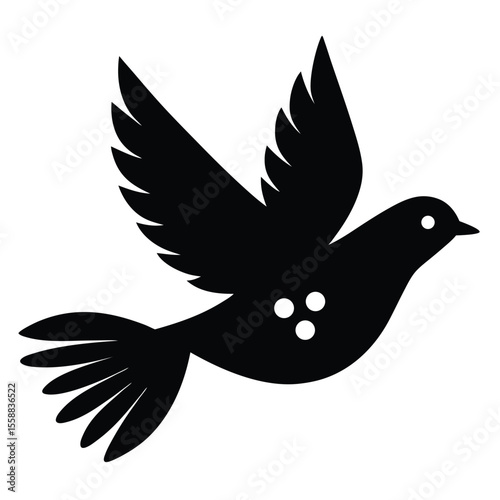 Stylized black silhouette of a bird in flight with outstretched wings and fanned tail