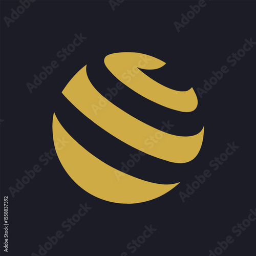 Abstract golden sphere with swirling bands on dark background vector