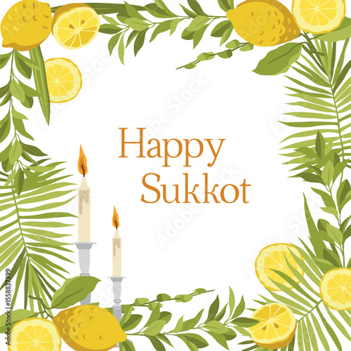 Vector hand-drawn Jewish Sukkot holiday floral decorative frame with lemons, palm leaves, myrtle, willow. Jewish High Holidays card, Happy Sukkot